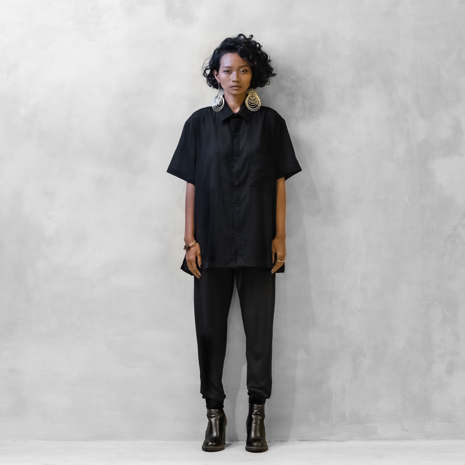 Black Sari Crinkle Button Shirt