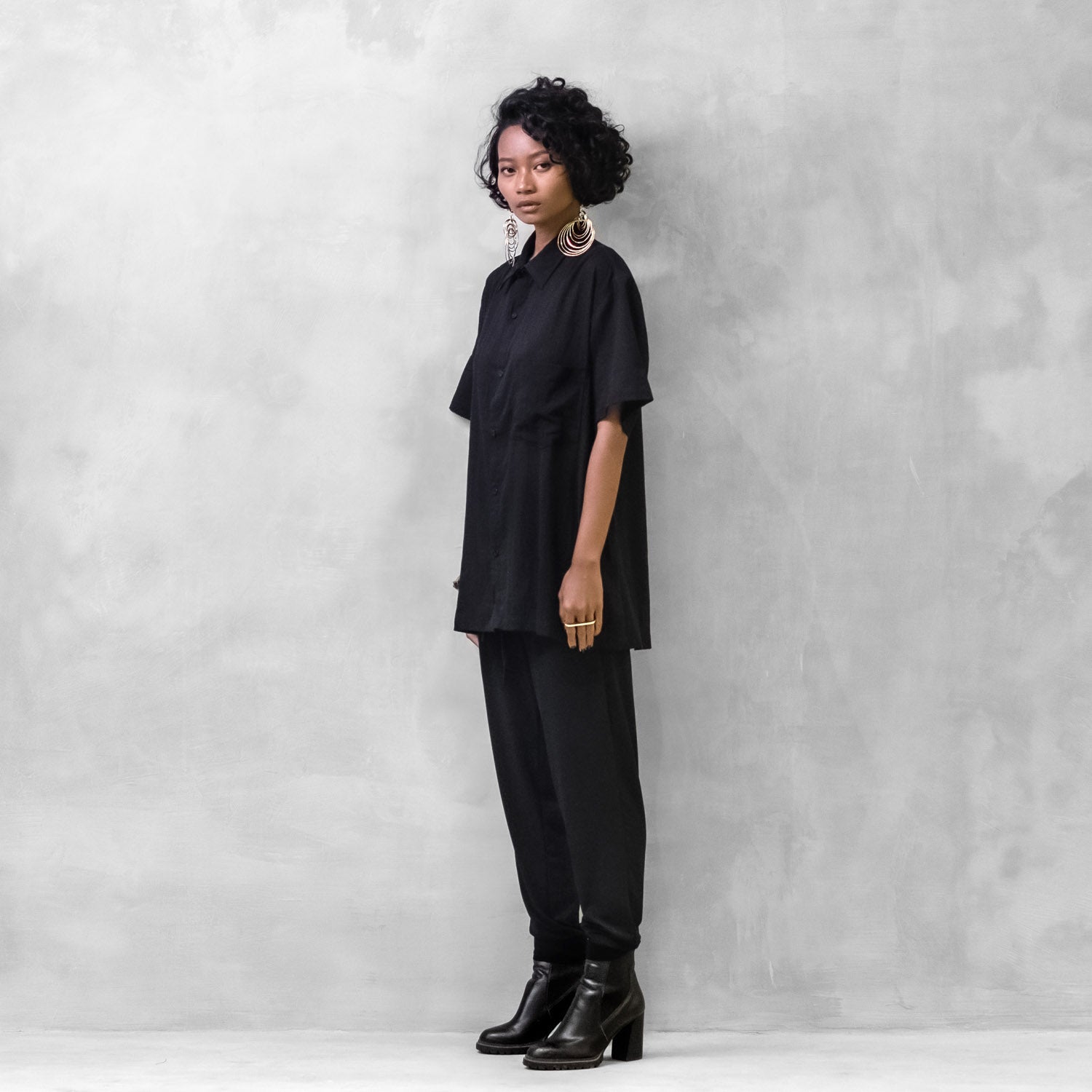 Black Crinkle Button Shirt Organic Cotton