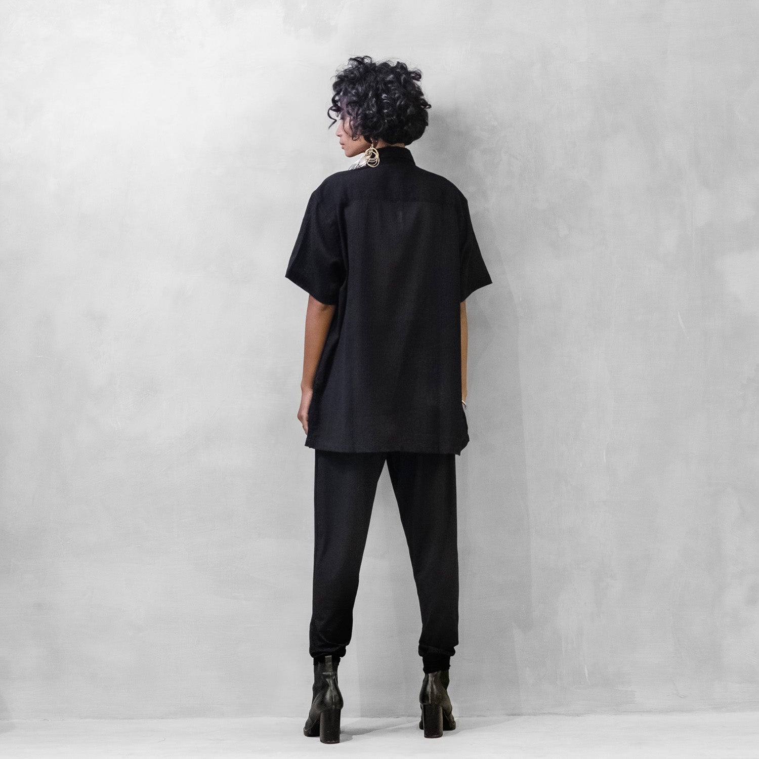 Black Crinkle Button Shirt Organic Cotton