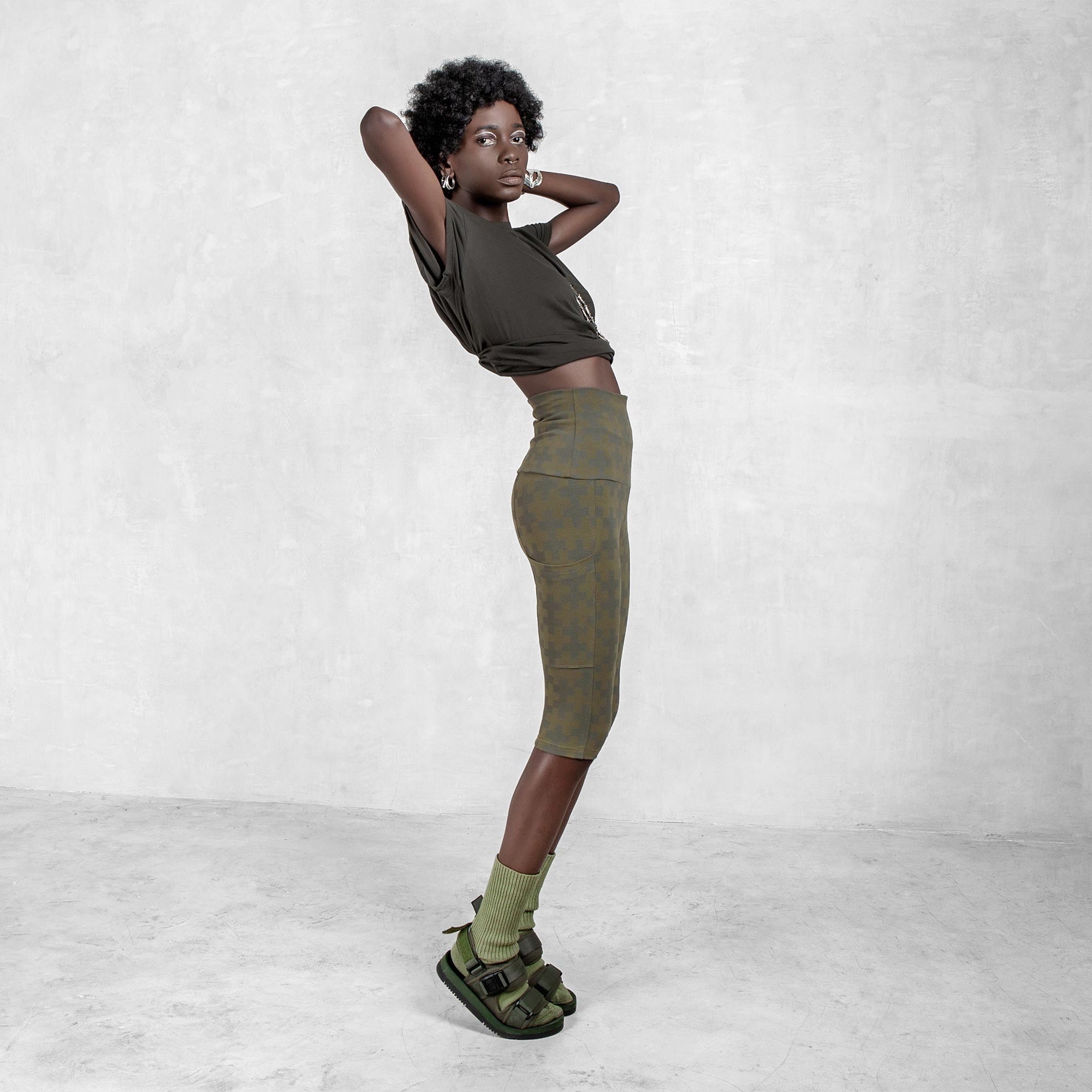 High Waist Crop Legging Green Cross Print