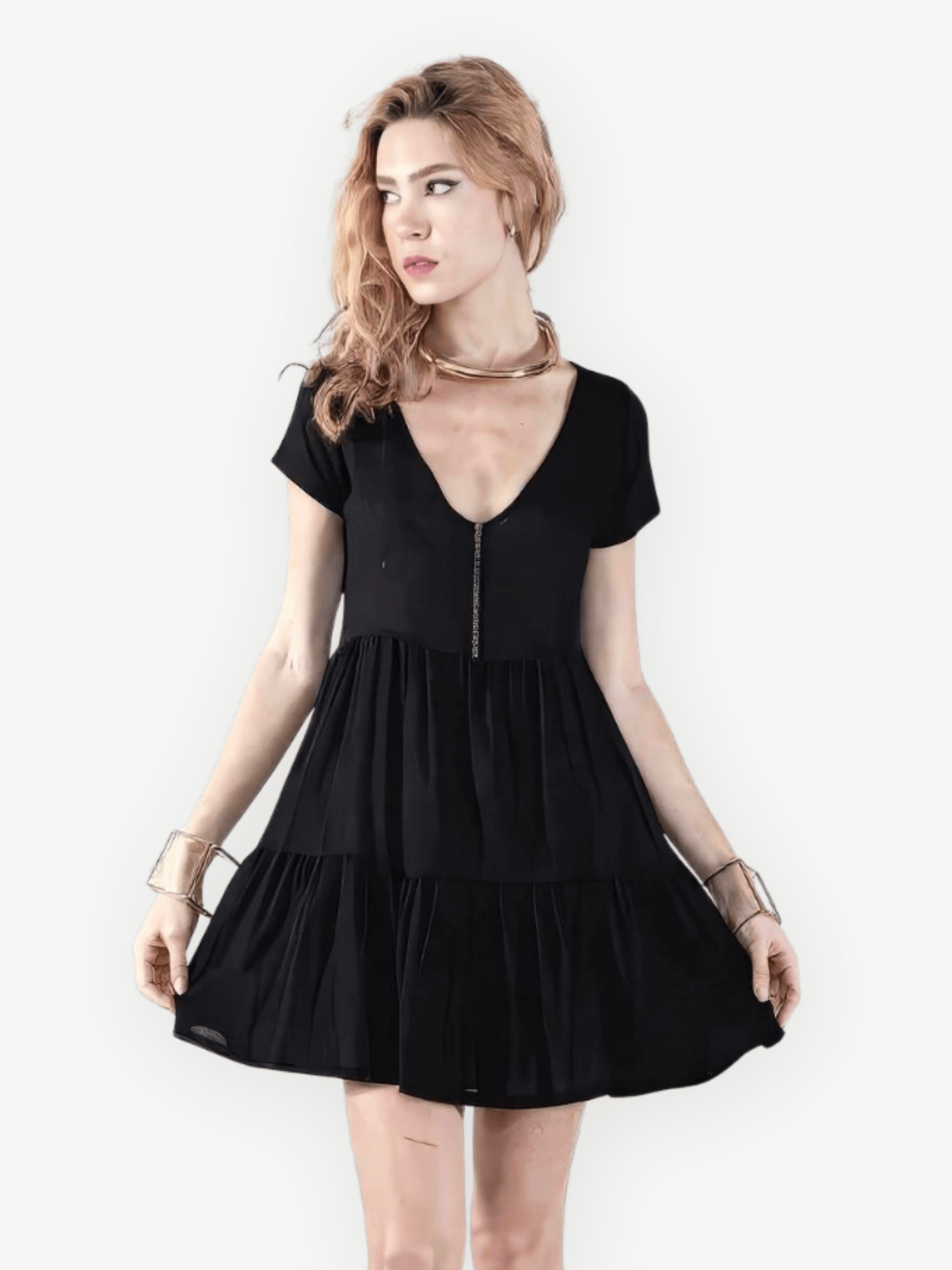 eleven44 Women's Organic Cotton Sari Crinkle Baby Doll Dress in Black S