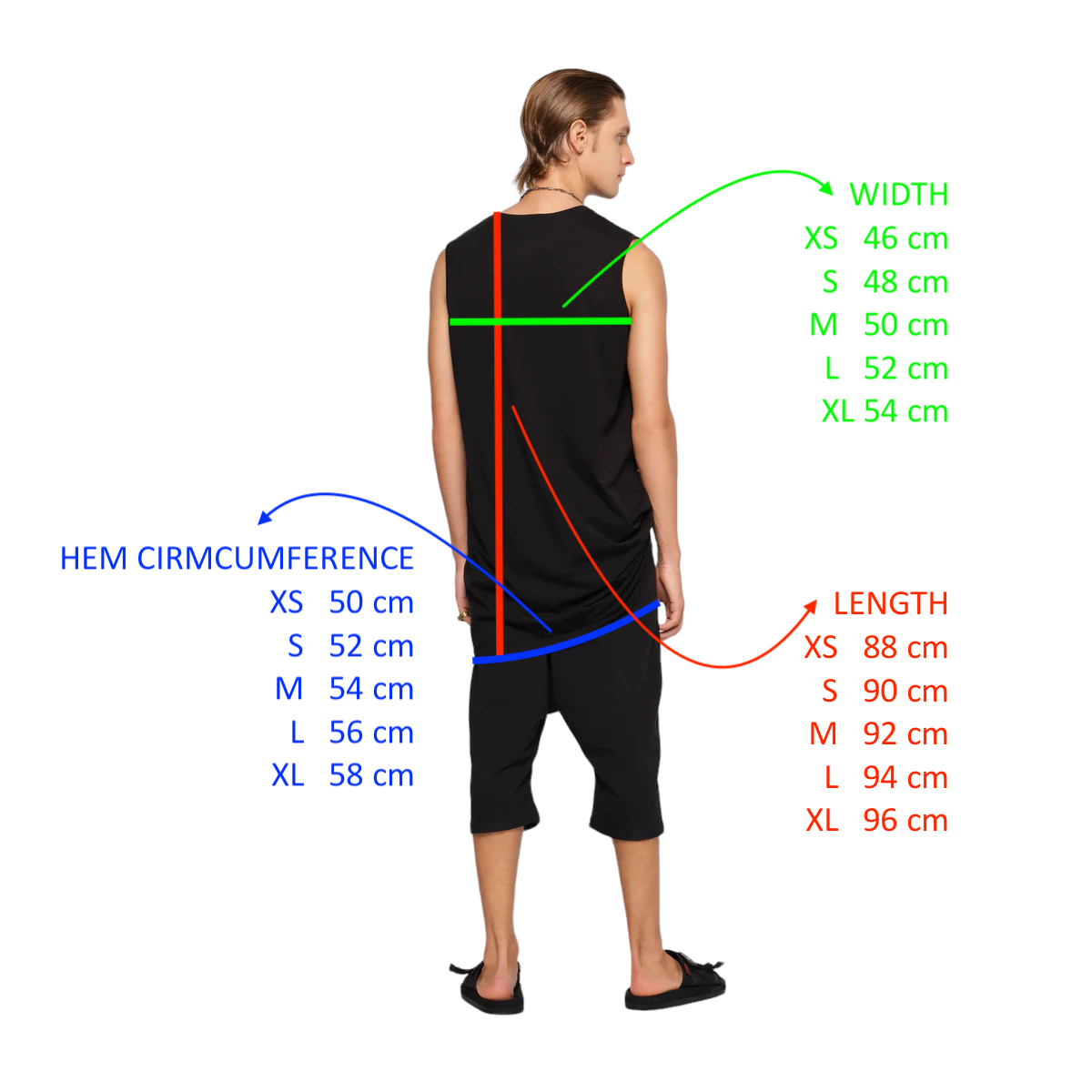 Mens Sleeveless Tee Long Black Organic Cotton