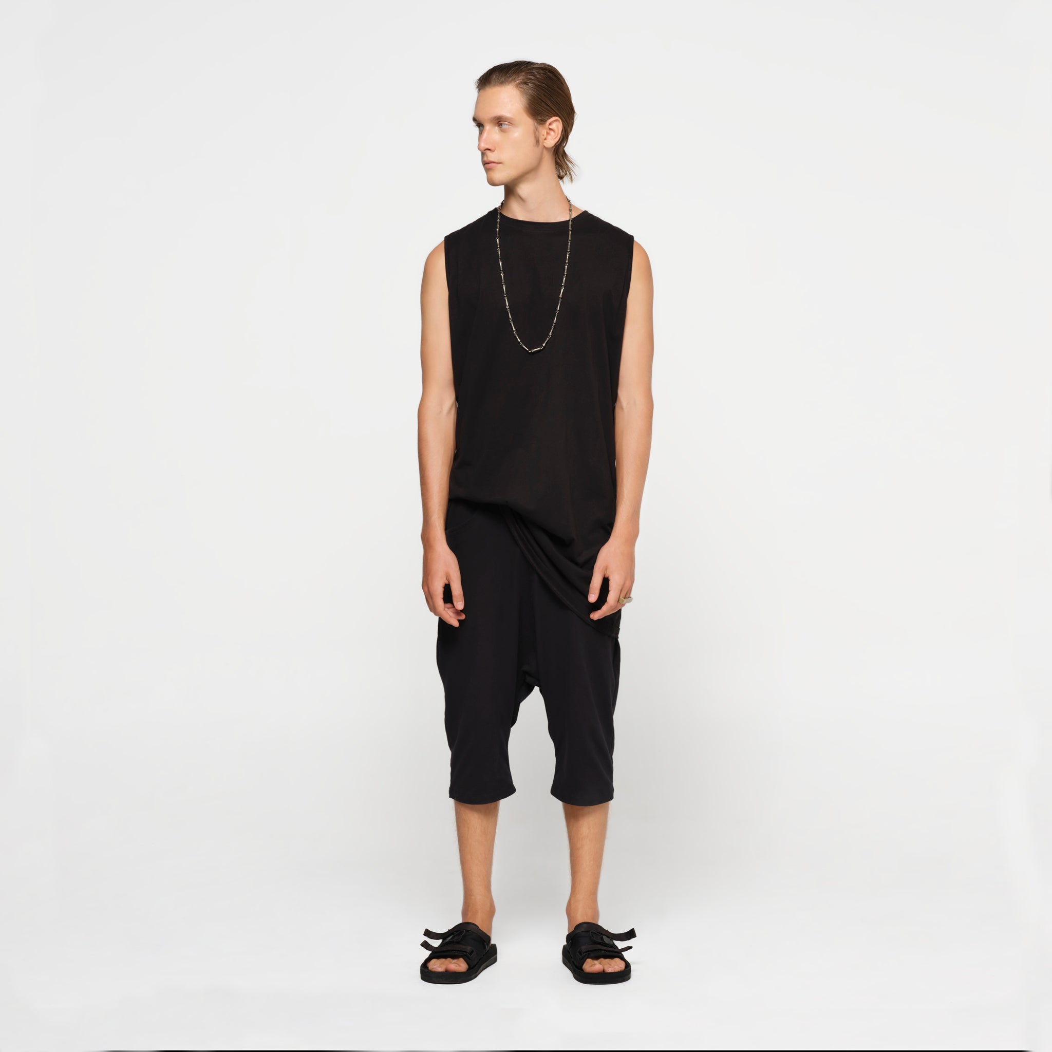 Mens Sleeveless Tee Long Black Organic Cotton