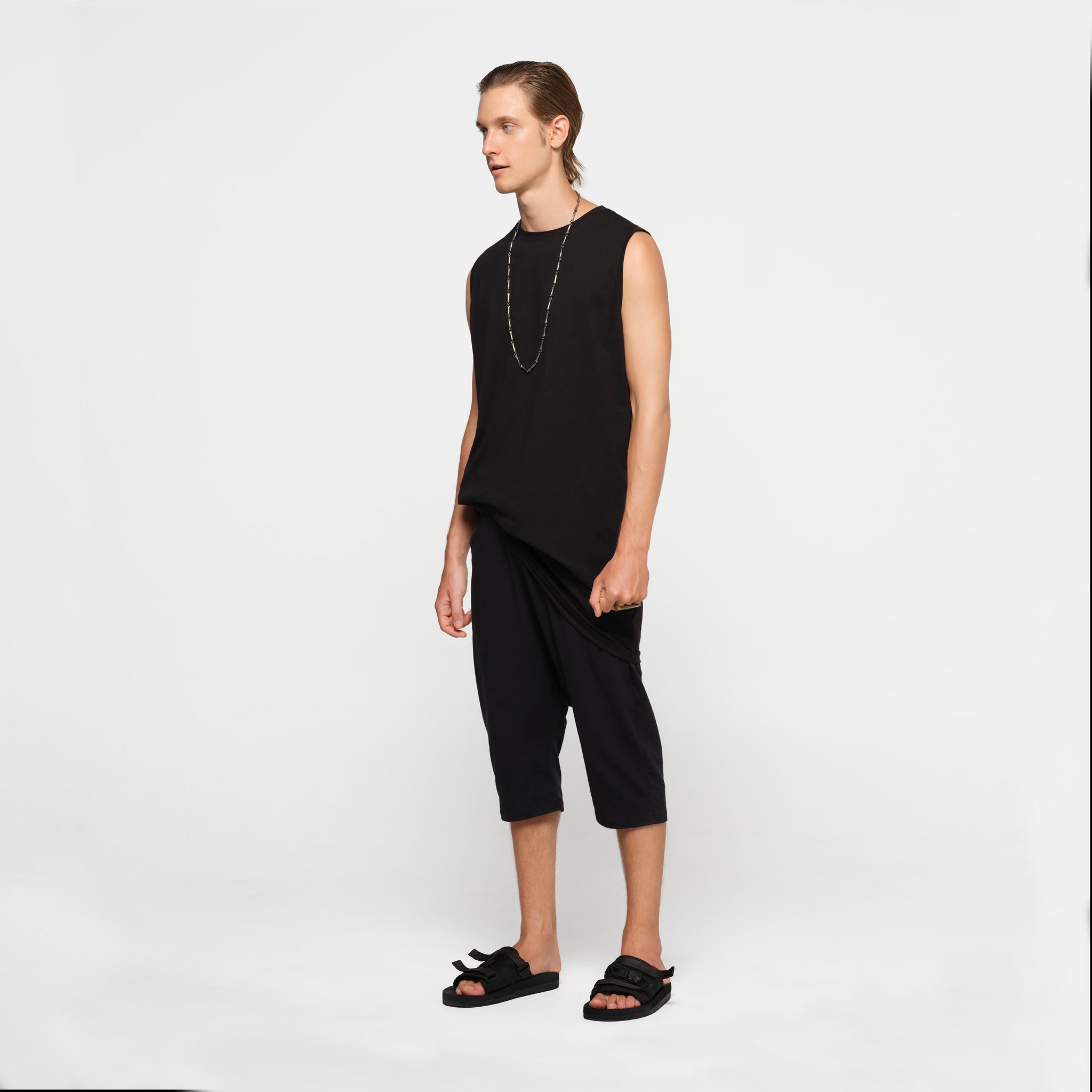 Mens Sleeveless Tee Long Black Organic Cotton