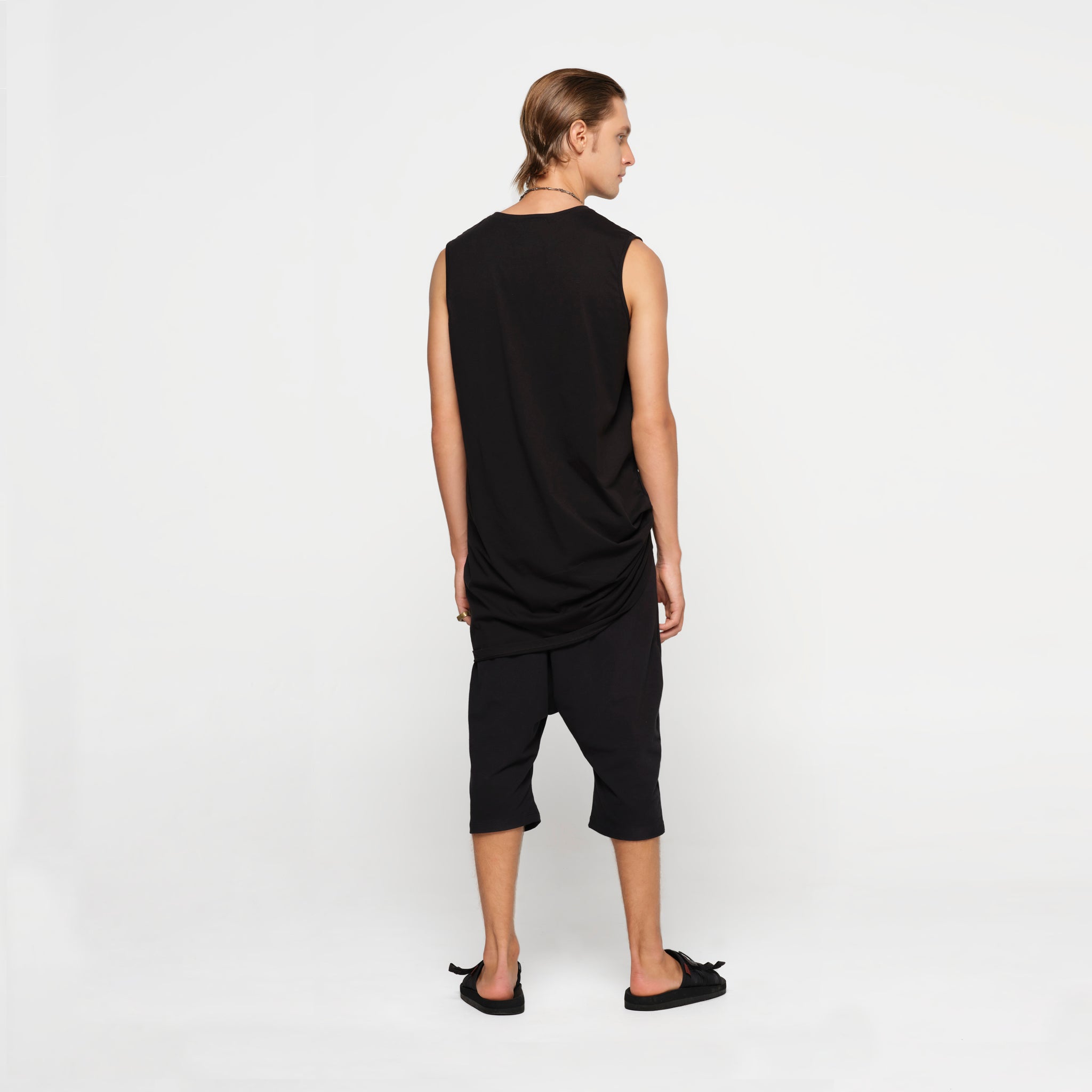 Mens Sleeveless Tee Long Black Organic Cotton