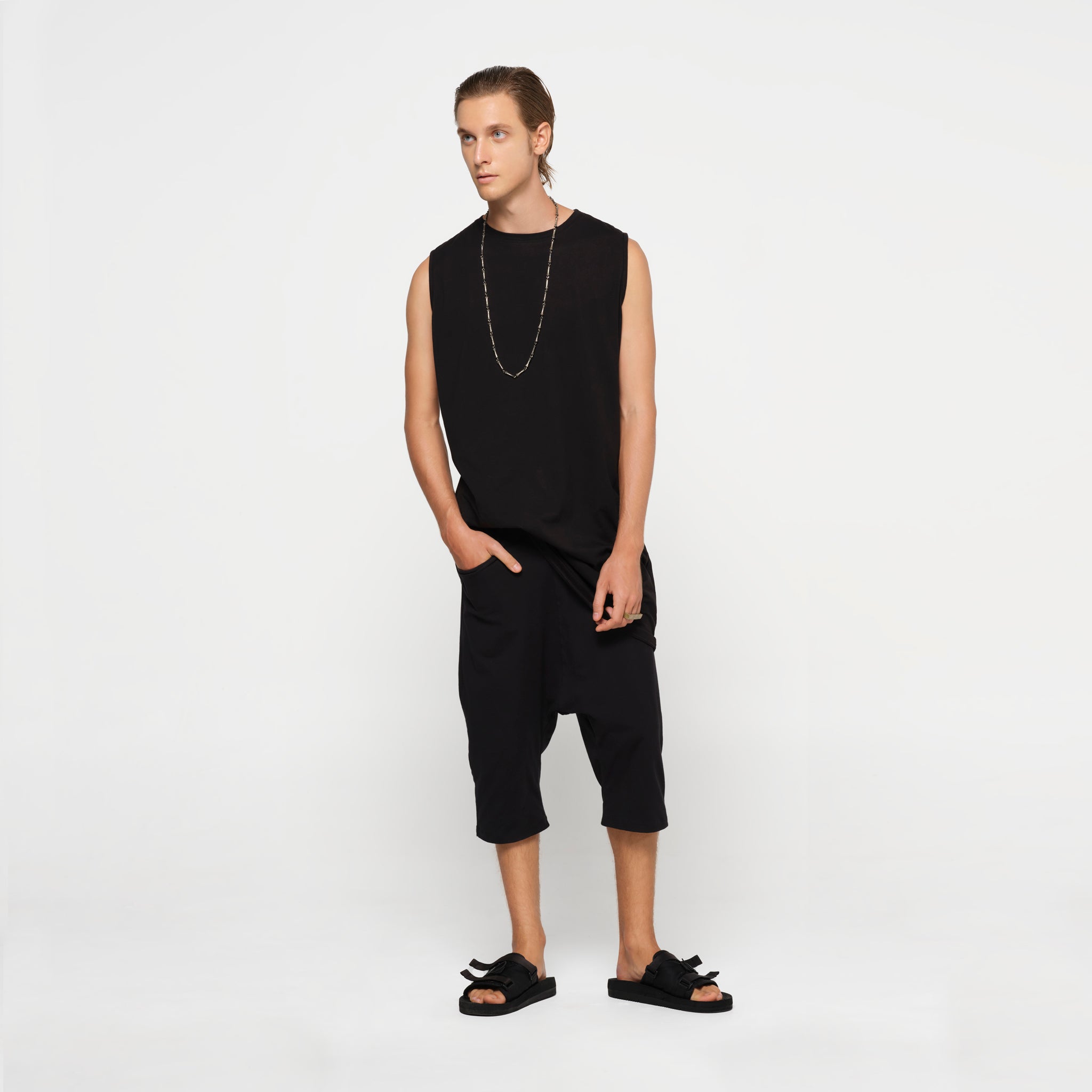 Mens Sleeveless Tee Long Black Organic Cotton