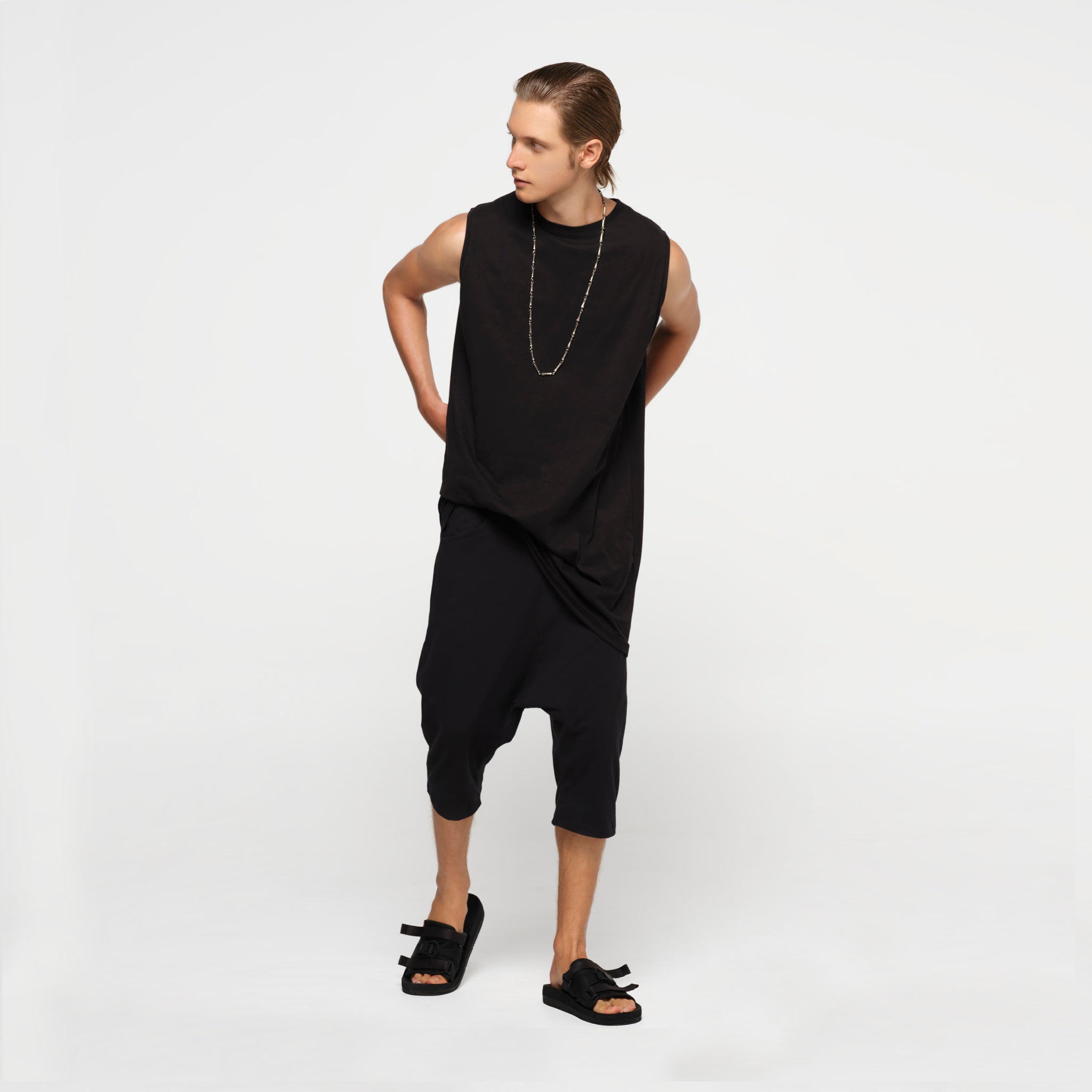 Mens Sleeveless Tee Long Black Organic Cotton