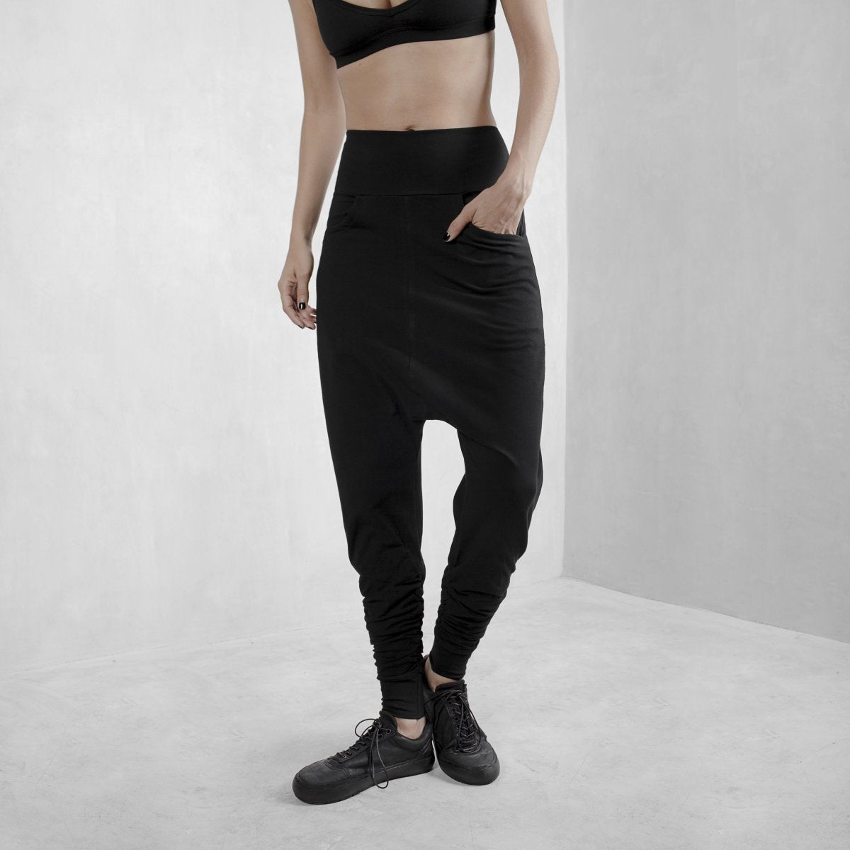 Black Low Crotch Pants Organic Cotton Lycra - eleven44