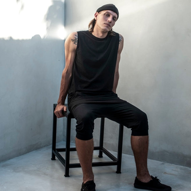 Mens Sleeveless Tee Long Black Organic Cotton