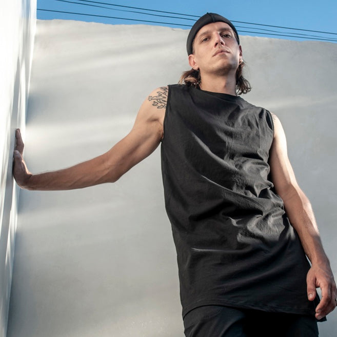 Mens Sleeveless Tee Long Black Organic Cotton