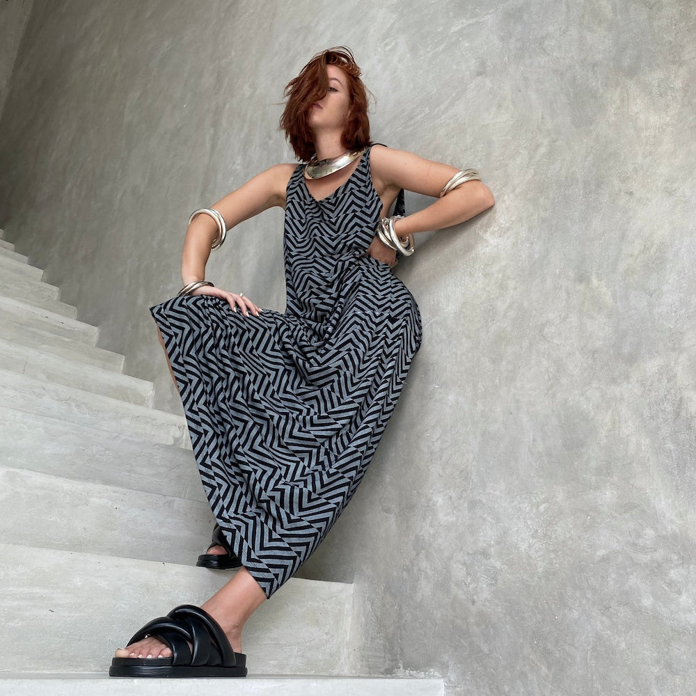 Zig Zag Tank Dress Grey Black