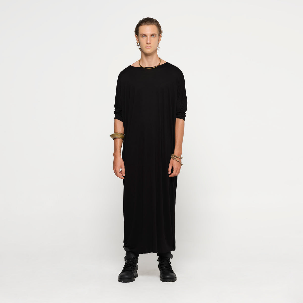 eleven44 Men's Linen Cotton Long Sleeve Kaftan in Black